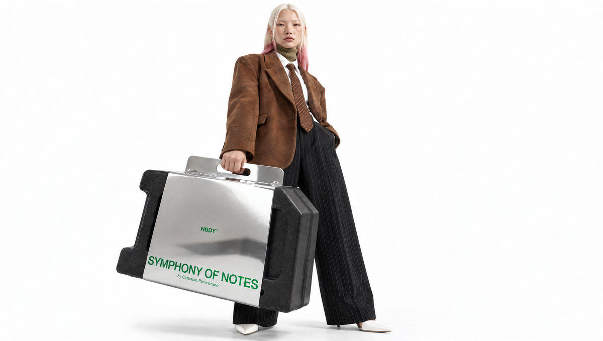 Model standing with the Symphony of Notes Block case