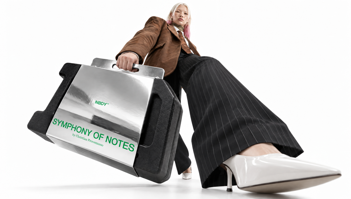 Model striding past the camera with the Symphony of Notes Block case
